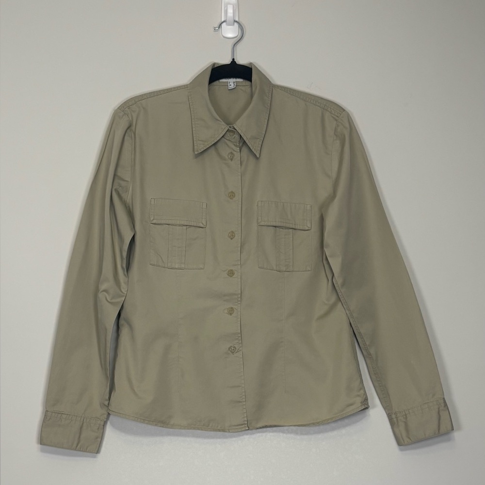 Esprit Tan Khaki Long Sleeve Safari Utility Button Down Shirt Size 8